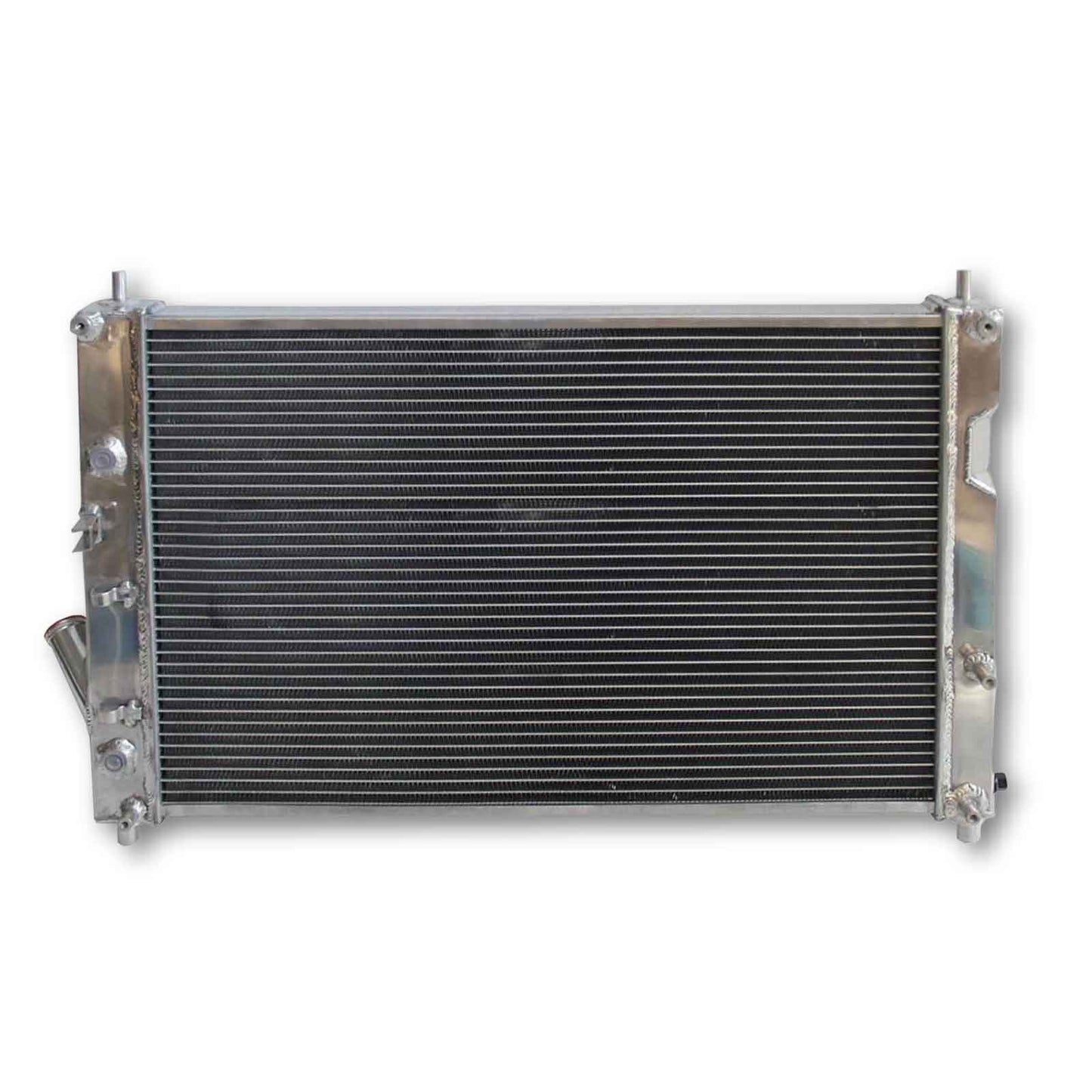 Rear view of the high-performance 3-row aluminum radiator for the 09-15 Chevy Aveo, Pontiac G3 1.6L, showing transmission cooler connections.