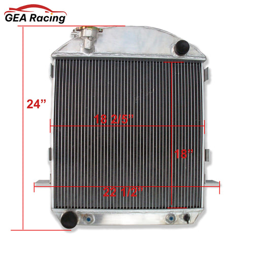 Front view of a 3-row aluminum radiator for a 1917-1927 Ford Model T Bucket with a Ford engine, compatible with AT/MT.