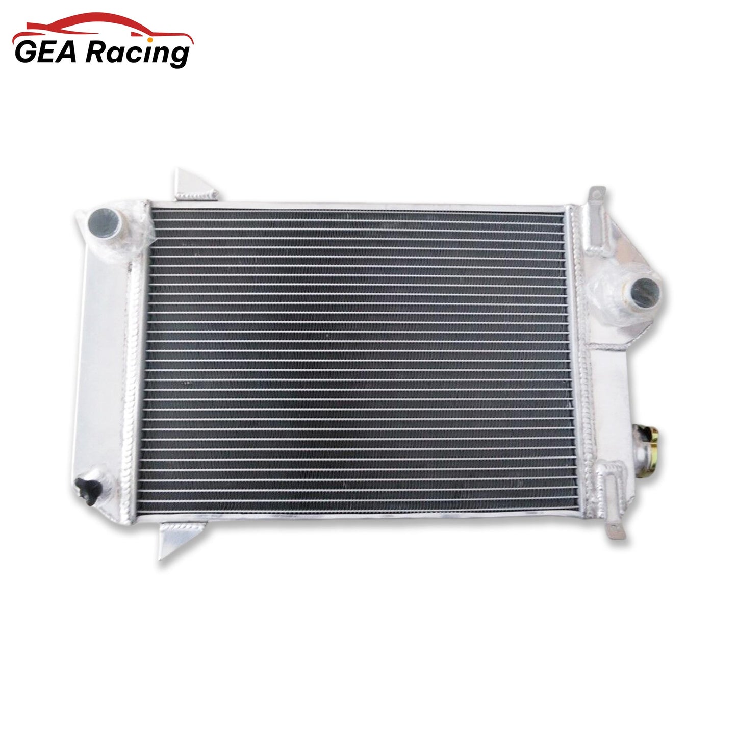 Top-down view of the 3-row radiator for a Triumph TR4, featuring the correct filler neck and mounting brackets.