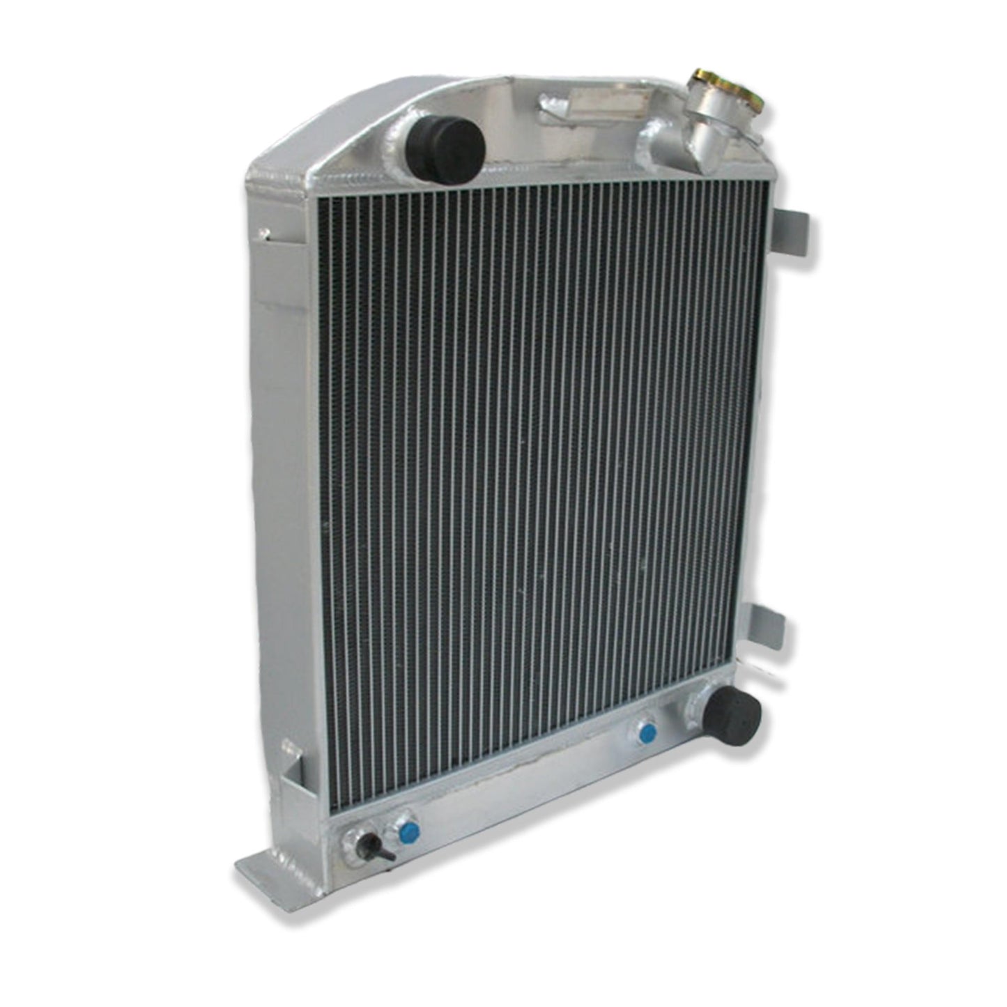 Left side of the aluminum radiator for a 1932 Ford with a Chevy 350 V8, highlighting the driver-side port for SBC.