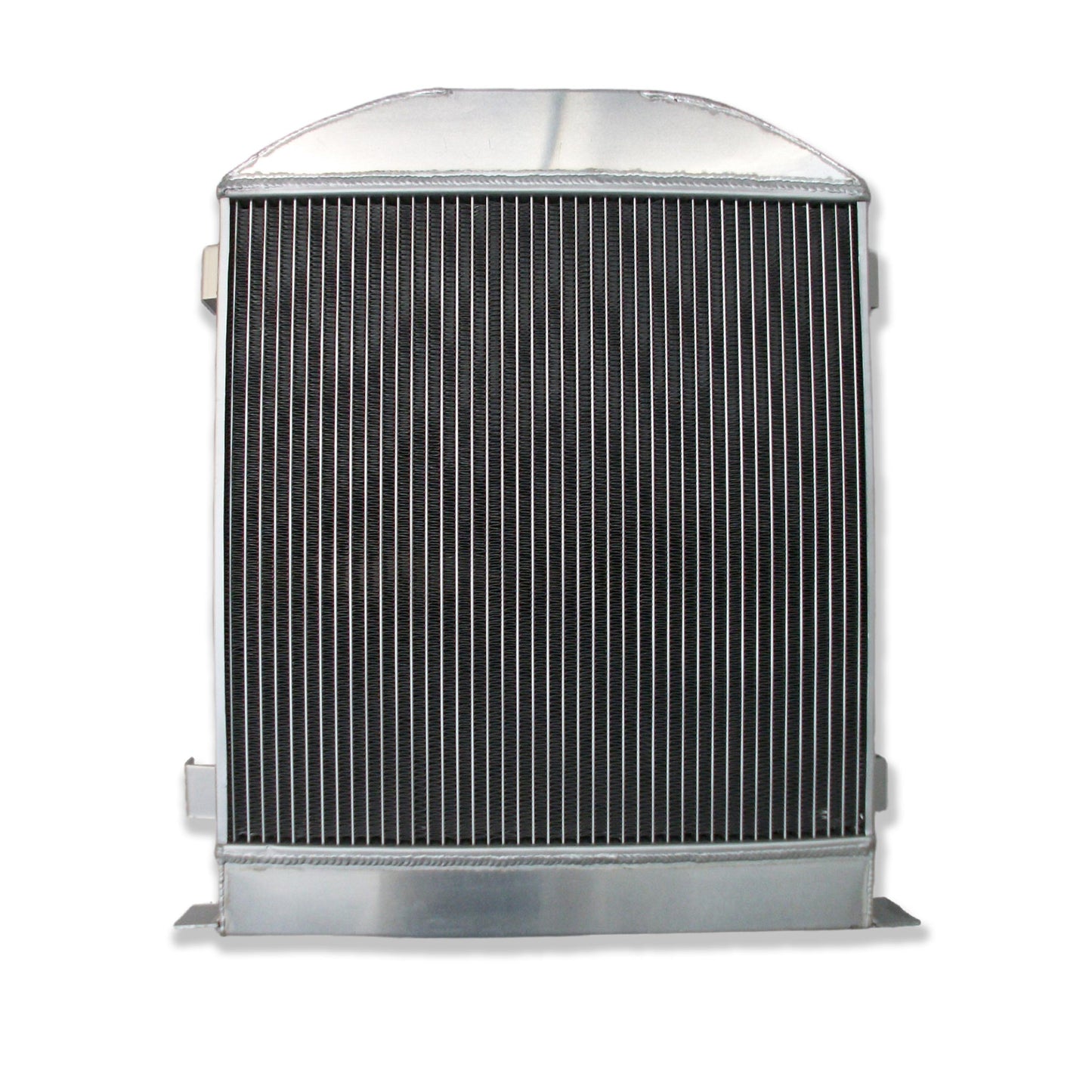 Back view of the 3-row aluminum radiator for a 32 Ford hot rod, showing the mounting points and Chevy V8 hose configuration.