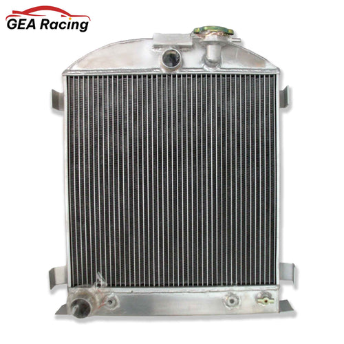 Front view of the 3-row aluminum radiator for a 1932 Ford Low Boy street rod with a Ford 302 V8 engine.