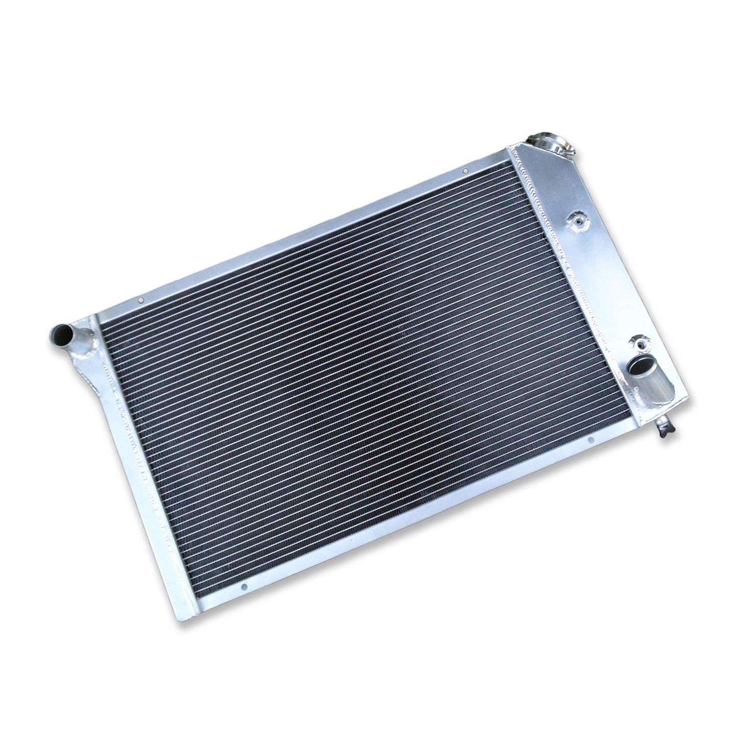 Top-down view of the 3-row radiator for a 77-82 Corvette C3, featuring the correct side brackets and tank design.