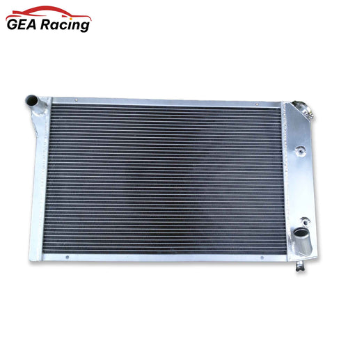 Front view of the 3-row aluminum radiator for a 1977-1982 Chevy Corvette C3 with a 5.0L or 5.7L V8 engine.