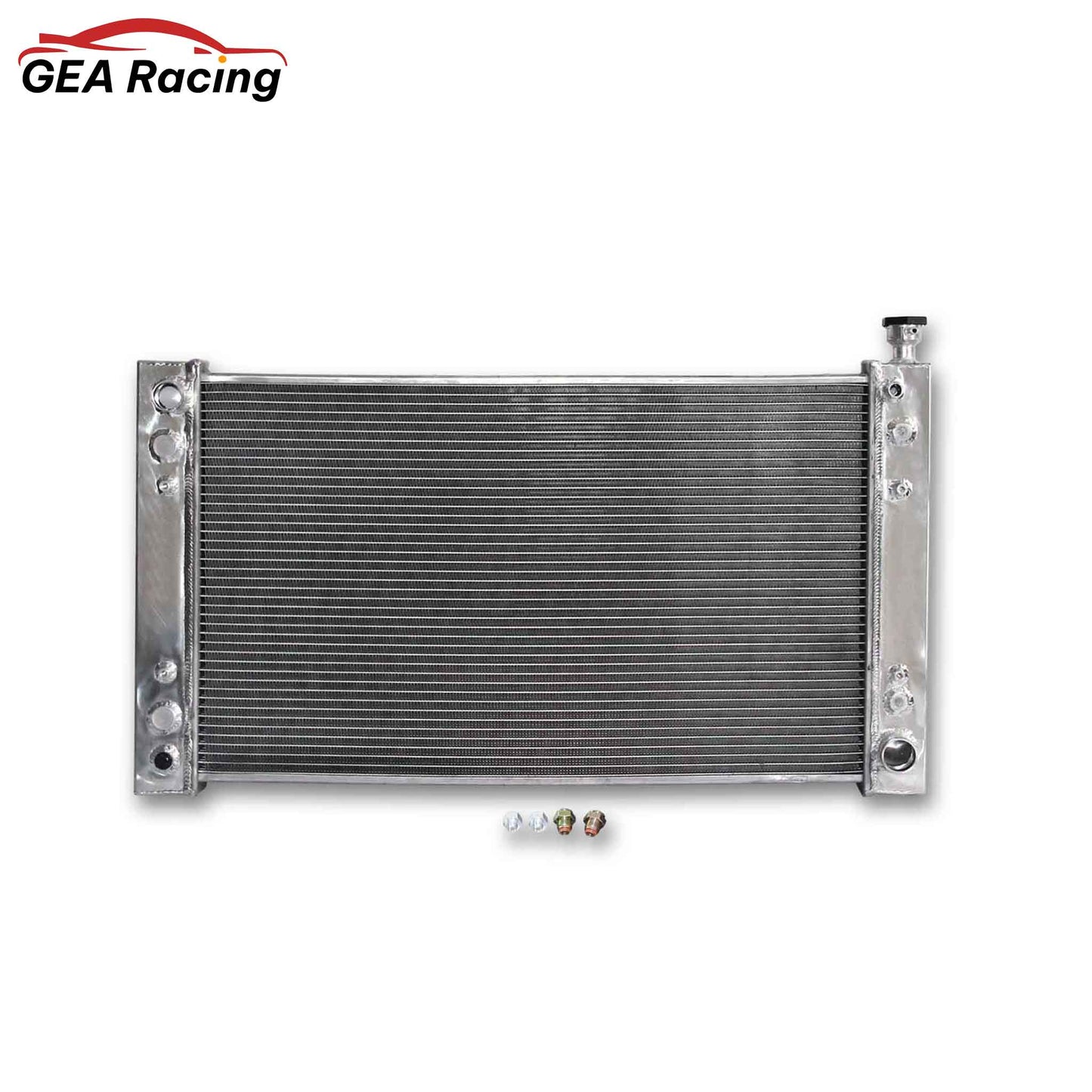 Front view of the 3-Row aluminum radiator for 1988-1997 Chevrolet GMC C/K/R/V 1500, 2500, 3500 trucks with 4.3L or 5.0L V8 engines.