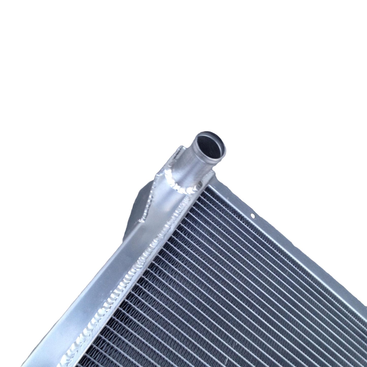 Left side of the aluminum radiator for a Corvette C3 350 V8, highlighting the inlet/outlet hose connections.