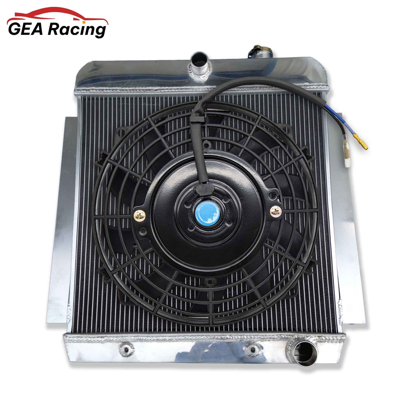 Complete cooling system: 3-row aluminum radiator with dual fans and shroud kit for a 1955-1959 Chevy V8 pickup truck.