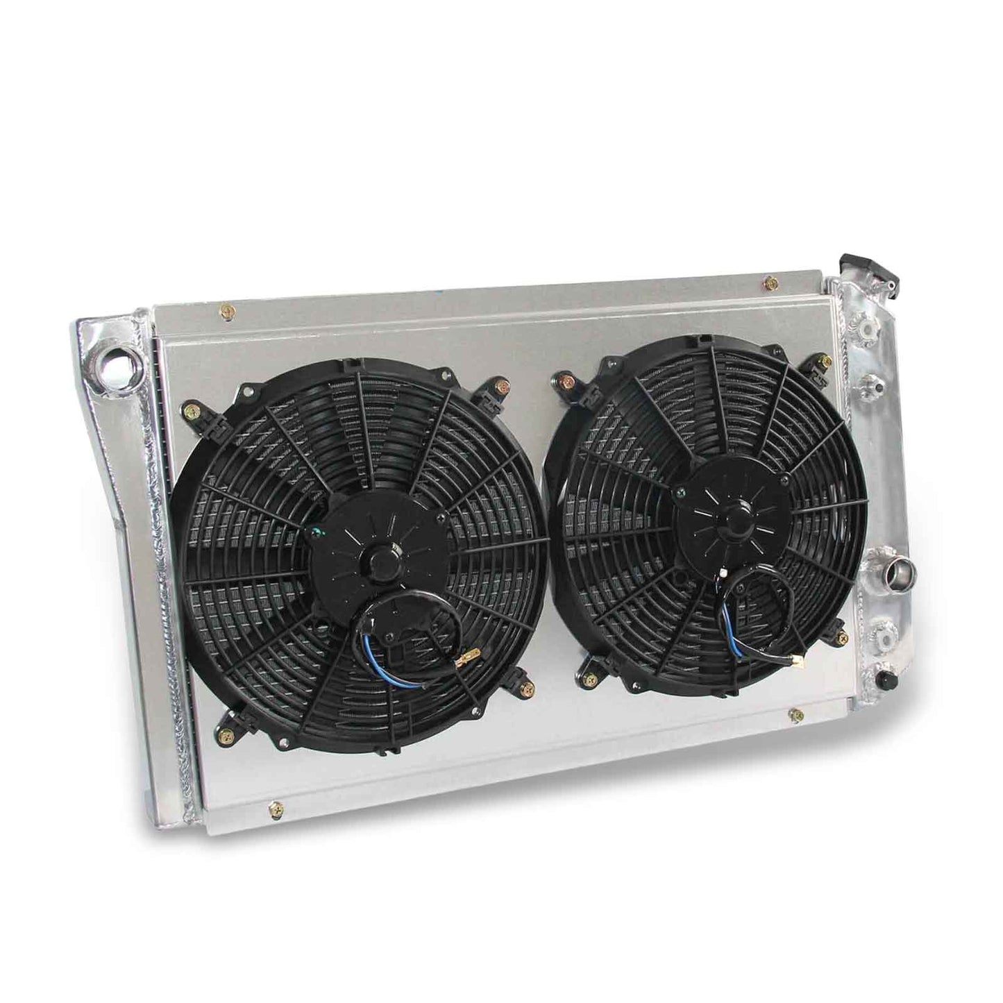 Left side profile of the 52mm 3-row aluminum radiator and fan shroud for the 1984-1990 Chevy Corvette, displaying total assembly thickness.
