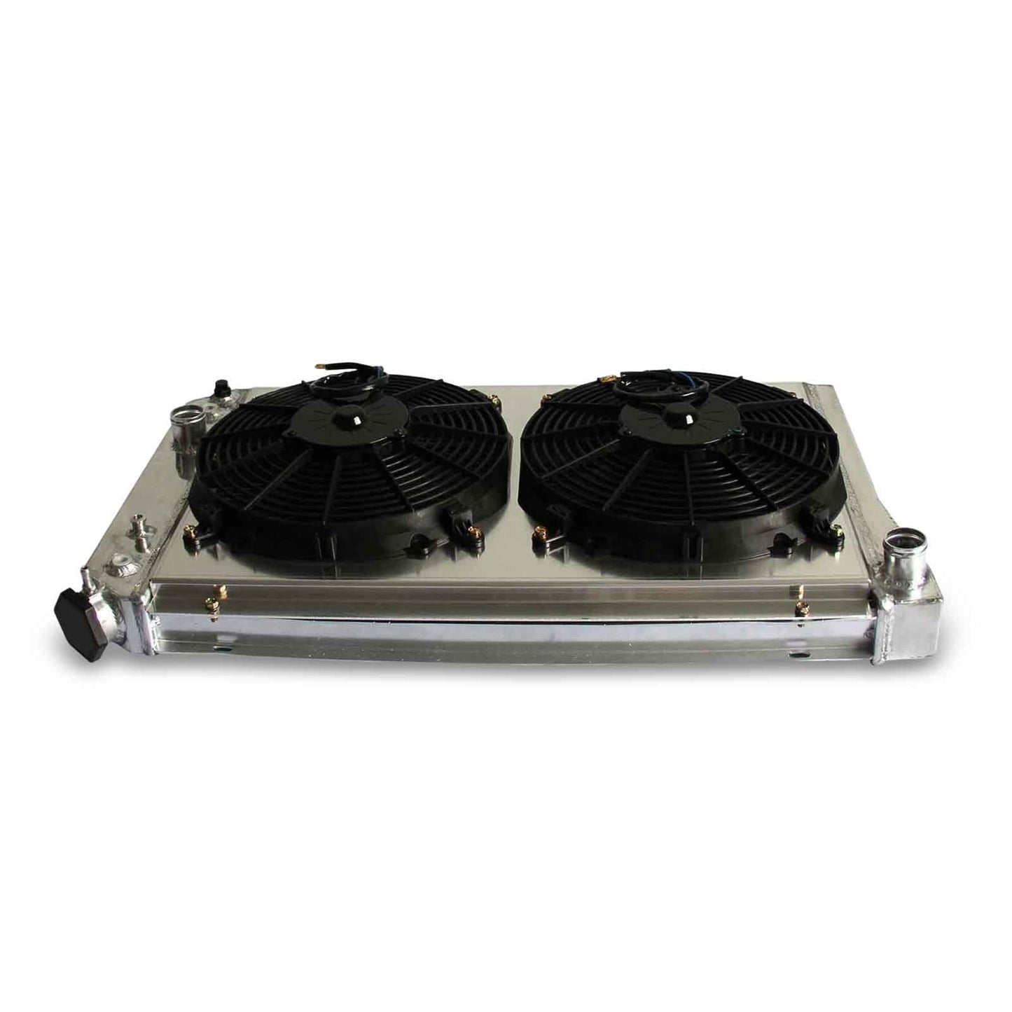 Top-down view of the 3-Row aluminum radiator and matching fan shroud for the Corvette C4, showing the complete cooling package.