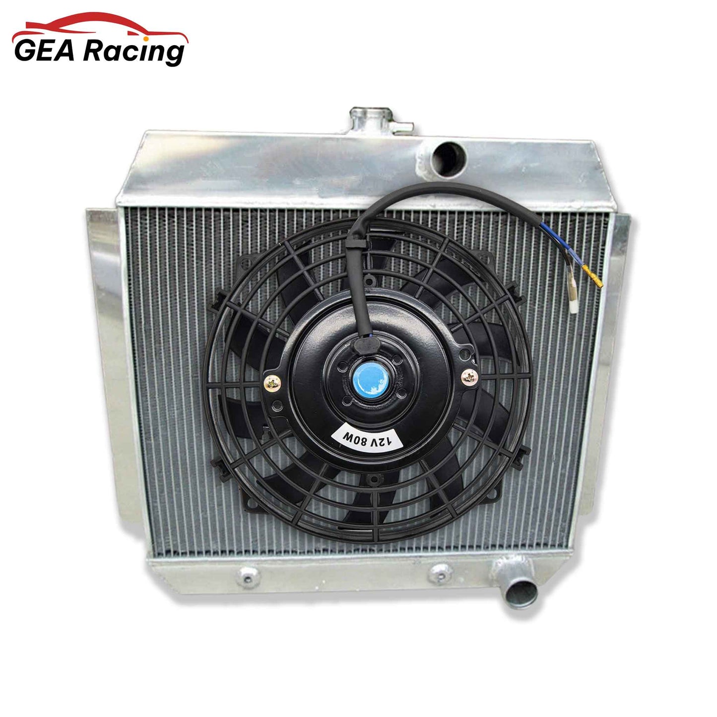 The optional 3-row radiator and fan shroud kit for a 1951-1954 Chevy L6, featuring a high-CFM electric fan.