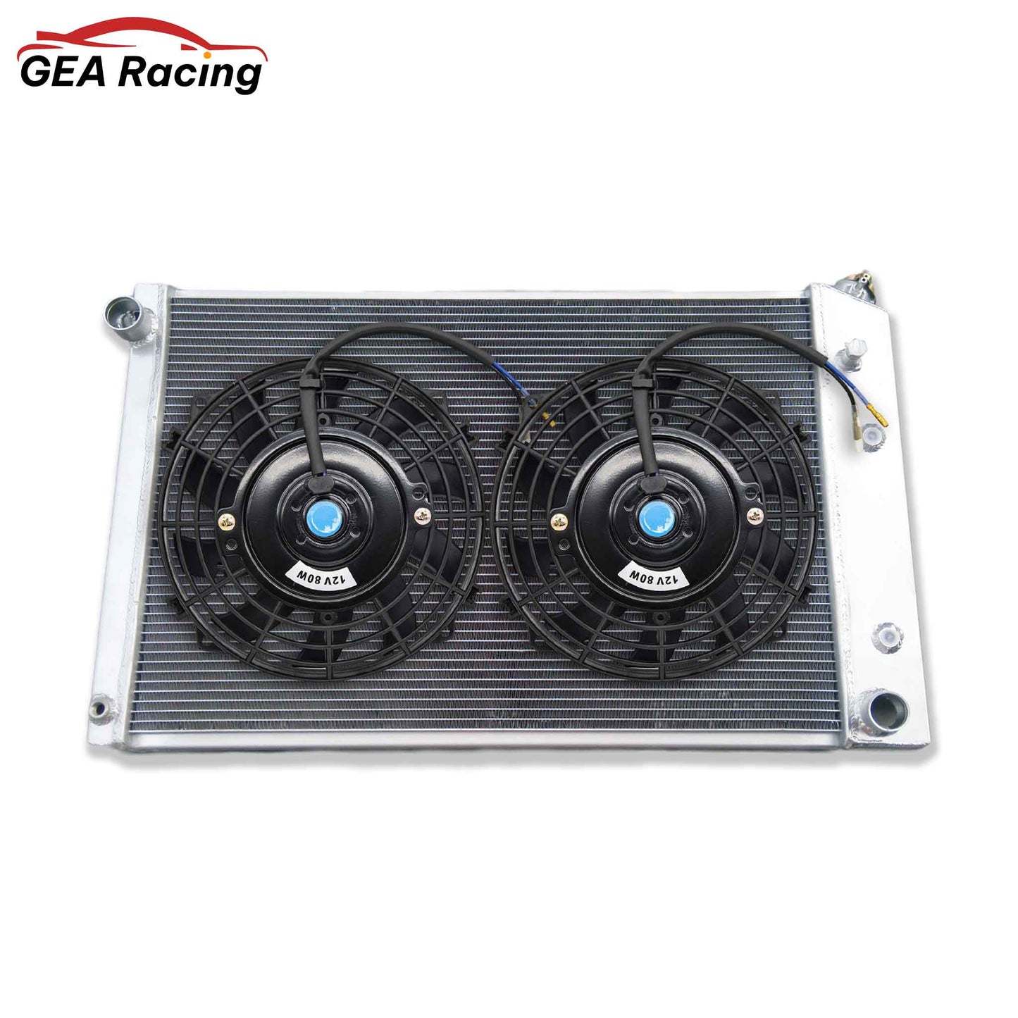 The optional 3-row radiator and fan shroud kit for 73-86 Chevy C/K trucks, with dual electric fans for maximum cooling.
