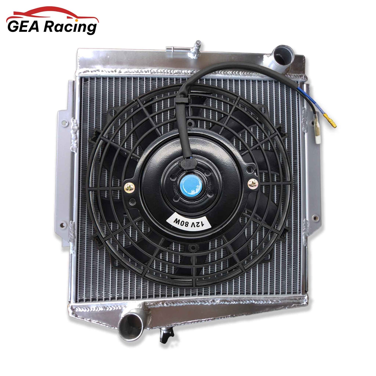 The optional 3-row radiator and fan shroud kit for the Datsun Roadster, featuring a high-performance slim electric fan for modern cooling.