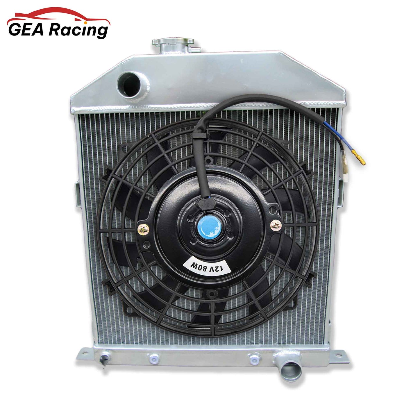 The optional 3-row radiator and fan shroud kit for the Ford Flathead V8, featuring a high-CFM electric fan for modern cooling.