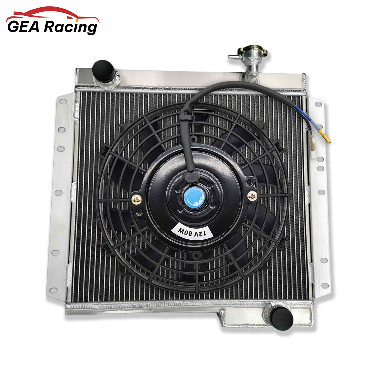 The optional 3-row radiator and fan shroud kit for the Land Cruiser FJ40, featuring a high-CFM electric fan for maximum cooling.