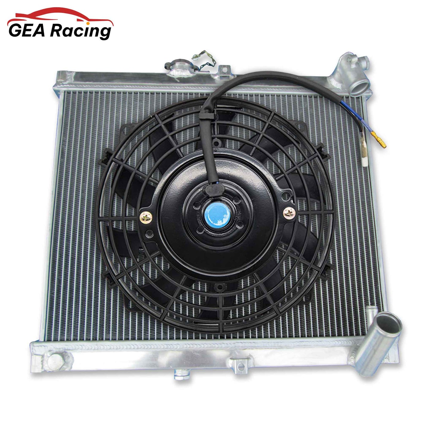 The optional 3-row radiator and fan shroud kit for the Mazda RX-7 FC3S S4, with dual slim fans for maximum cooling performance.