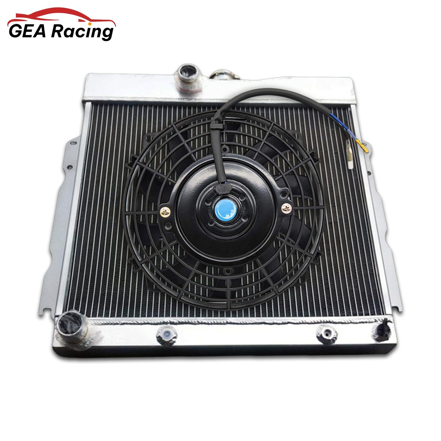 The optional 3-row radiator and fan shroud kit for Mopar B-Body cars, featuring dual high-CFM electric fans for maximum cooling performance.