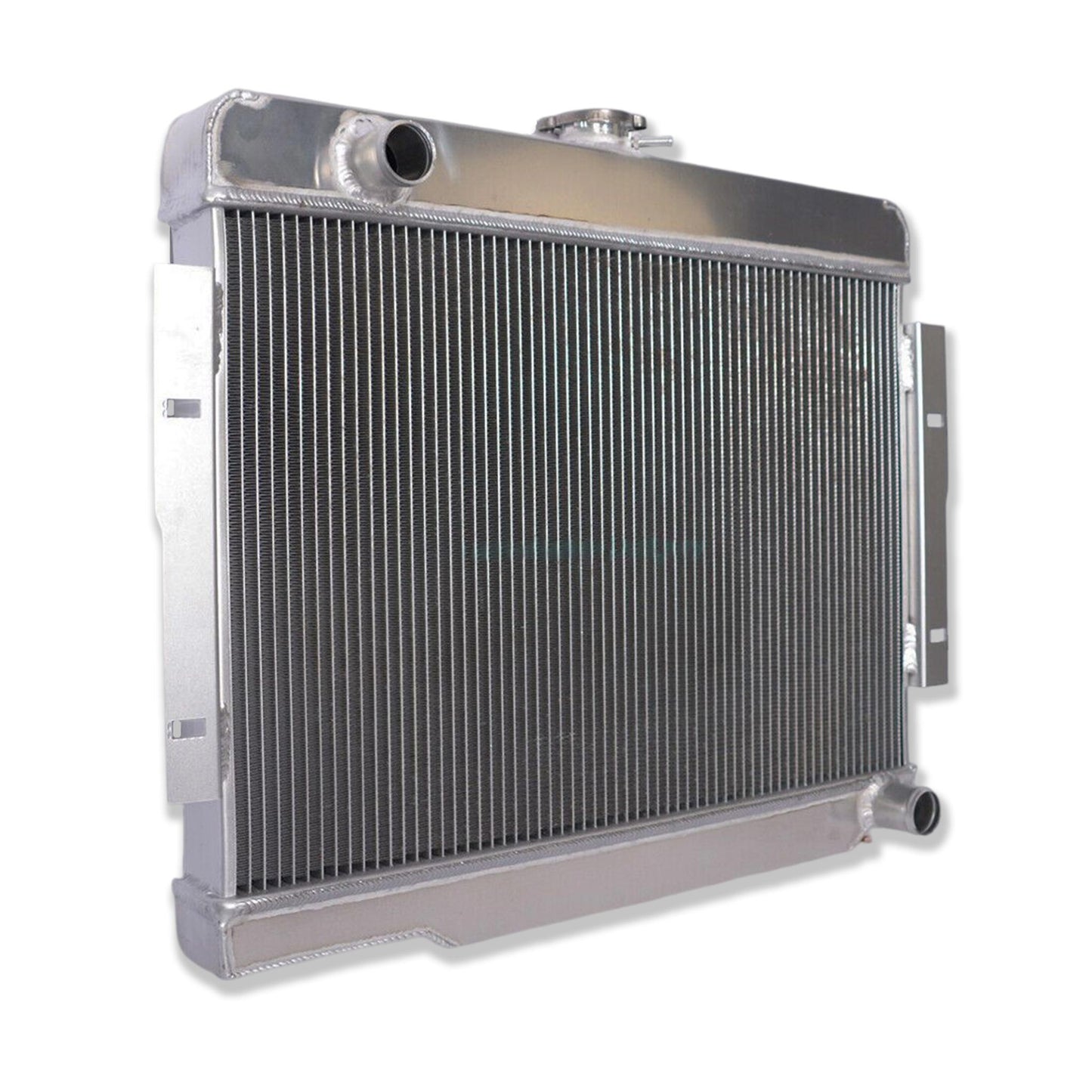 Left side of the aluminum radiator for a Jeep CJ with a Chevy 350 V8, highlighting the driver-side inlet port.