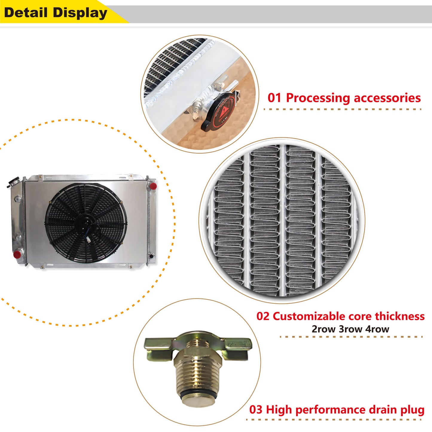 Aluminum Radiator detail view Mustang, Thunderbird (1978-1993) 3 Row Pressure Tested