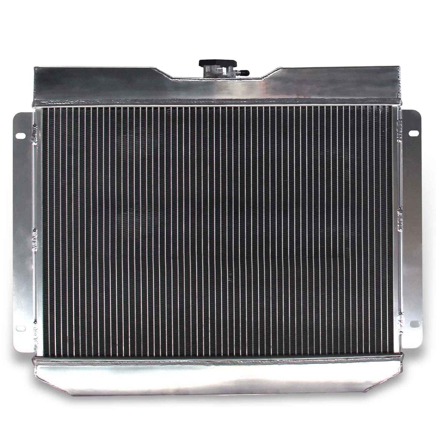 Rear view of the 4-Row aluminum radiator for the 62-65 Chevy Bel Air & Nova, showing the robust construction and AT/MT cooler ports.