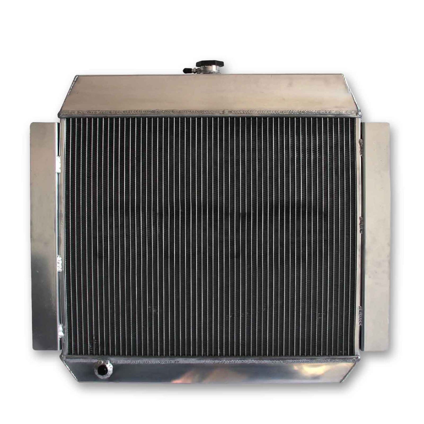Rear view of the 4-Row aluminum radiator for 1949-1954 classic Chevrolets, highlighting the universal mounting brackets and AT/MT cooler ports.