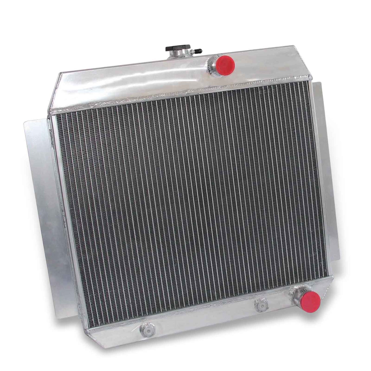Left side profile of the heavy-duty 4-row aluminum radiator for 1949-1954 Chevy Truck, Bel Air, and Corvette, showing inlet/outlet placement.