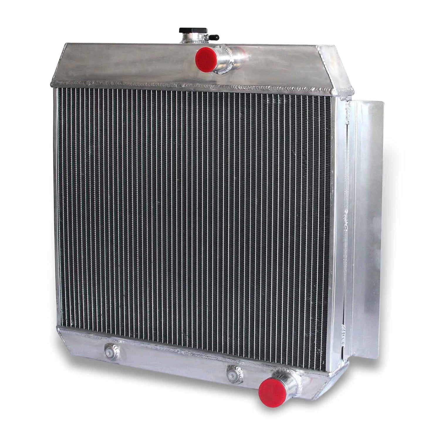 Right side profile of the 4-row aluminum radiator compatible with 1949-1954 Chevrolet classic models, showing tank and core thickness.
