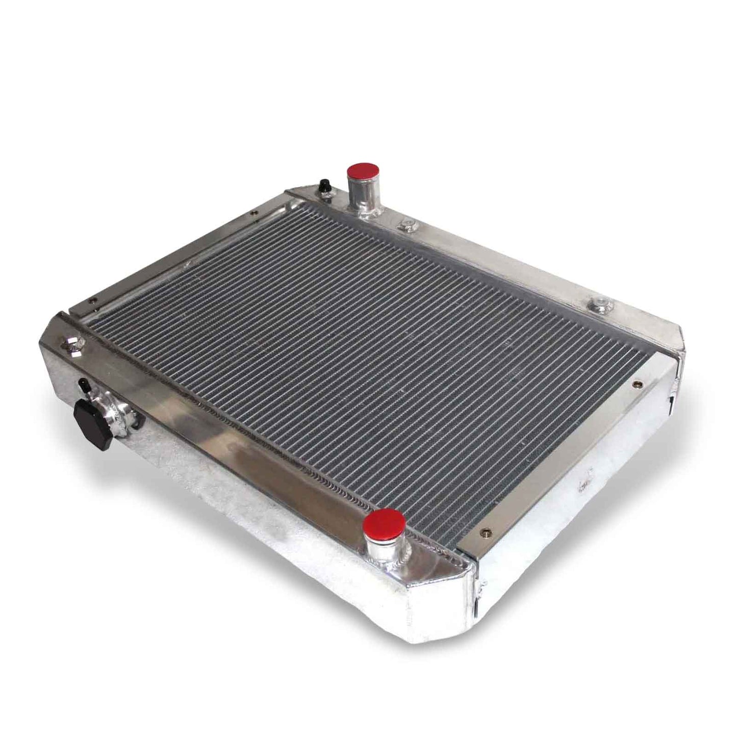 Right side profile of the 4-row aluminum radiator for the 1962-1967 Chevy Nova SS V8, highlighting the thick core for maximum cooling.