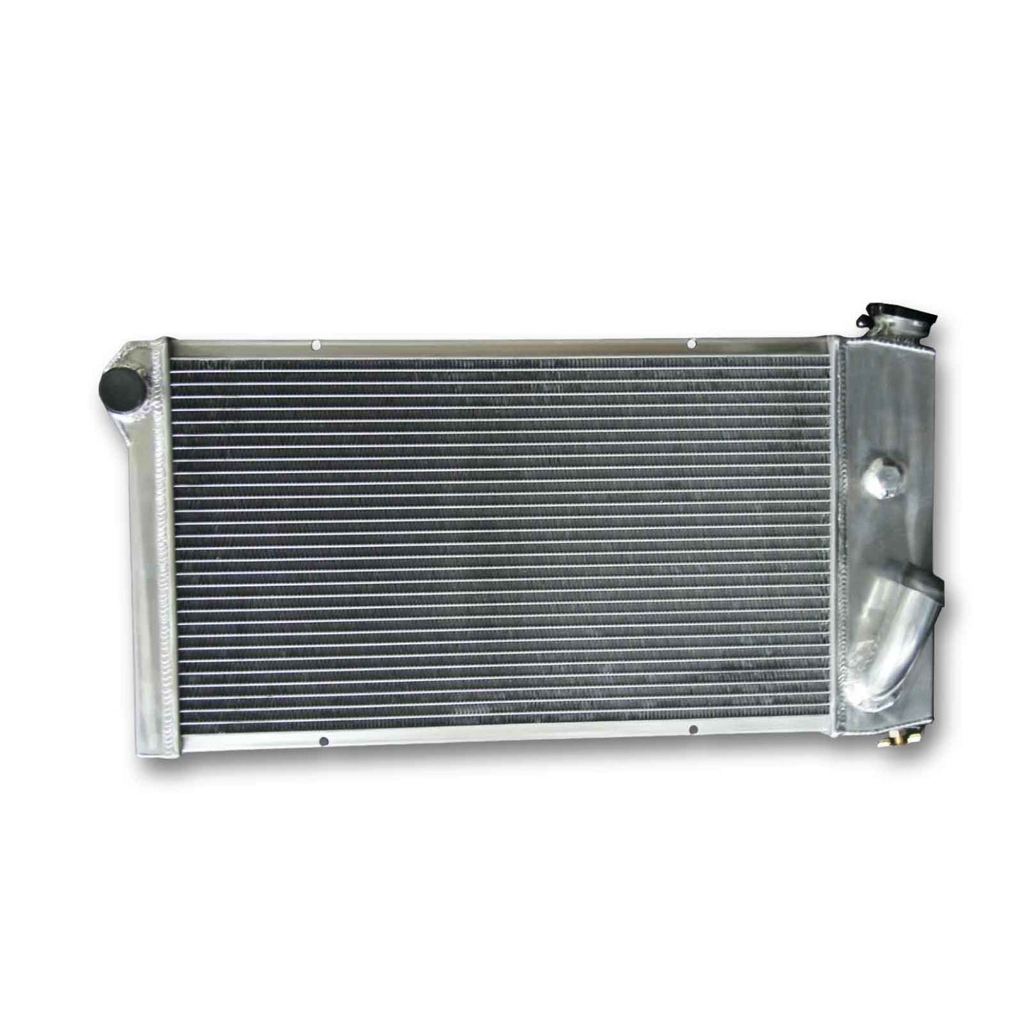 Right side profile of the 4-row aluminum radiator for the Pontiac Astre & Chevy Vega, highlighting the thick core for superior cooling.