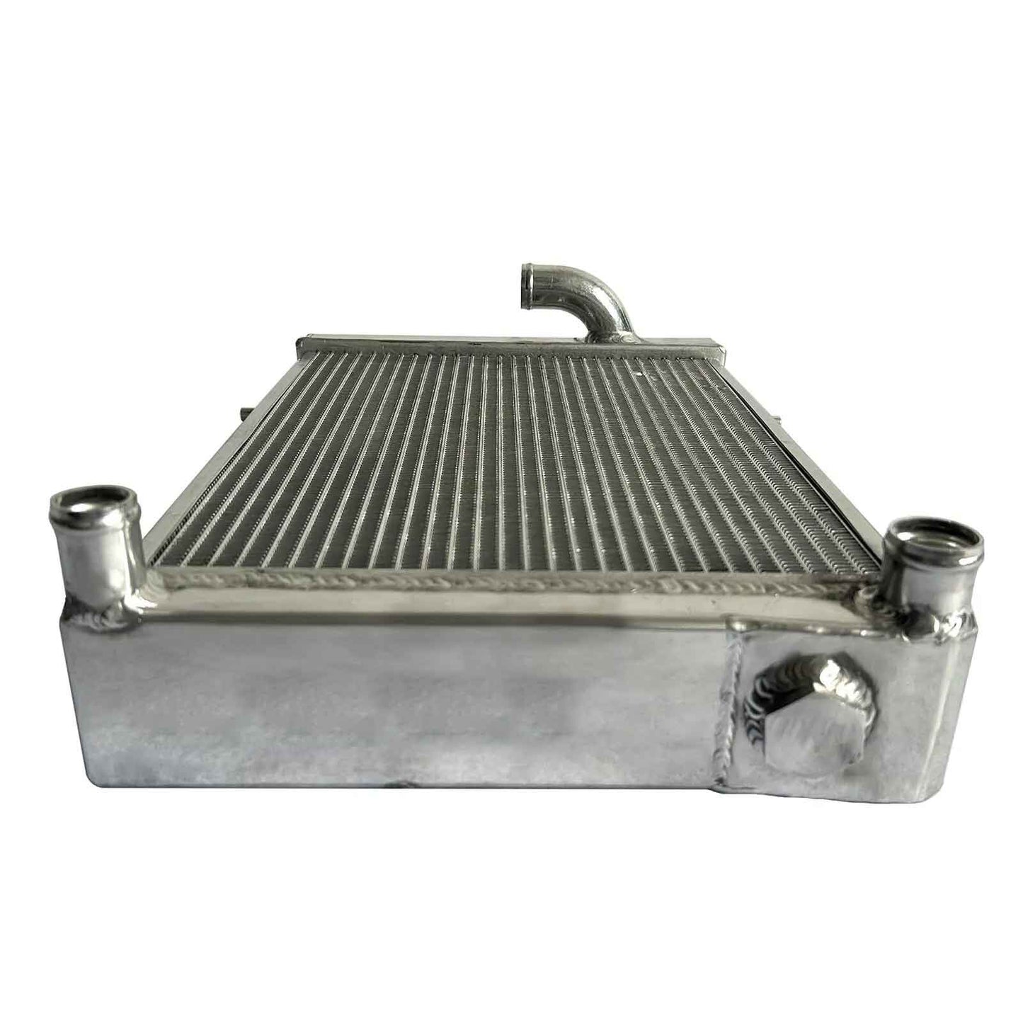 Detailed close-up view of the TIG-welded seams and high-density fins on the 4 Row Aluminum Radiator for a Triumph Spitfire 1.5L.