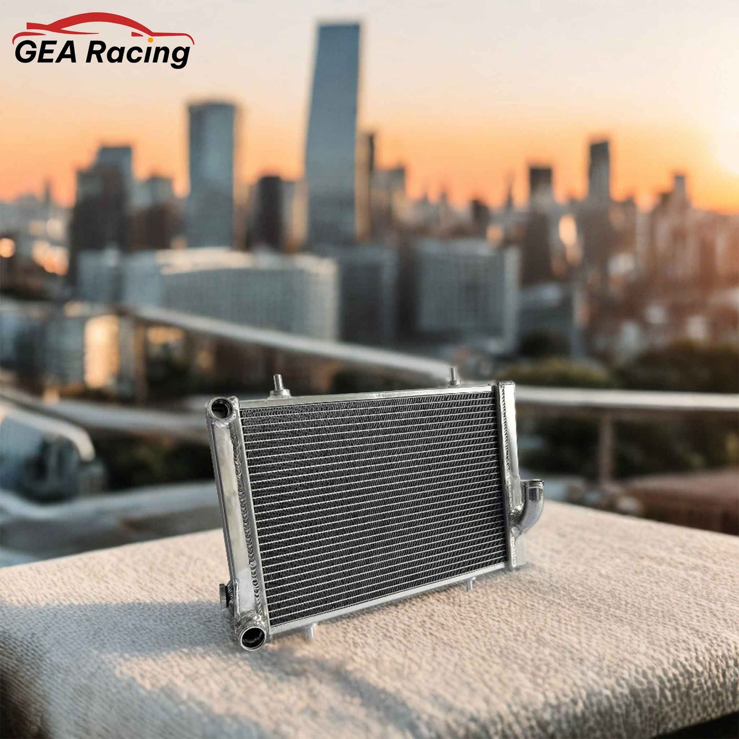 4 Row Aluminum Radiator installed in the engine bay of a classic 1979-1980 Triumph Spitfire, showing a perfect fit.
