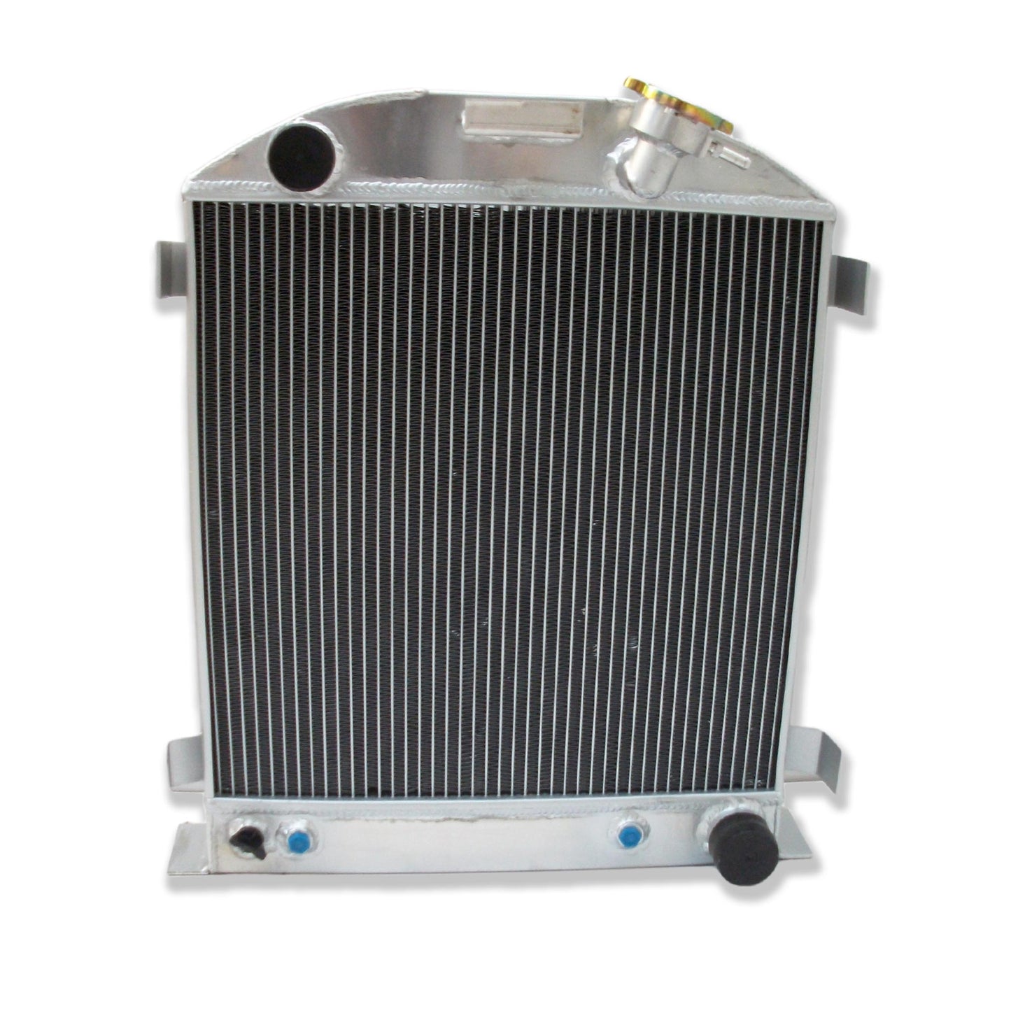 Detailed close-up of the TIG-welded aluminum and 3-row core for a 1932 Ford Chevy V8 swap radiator.