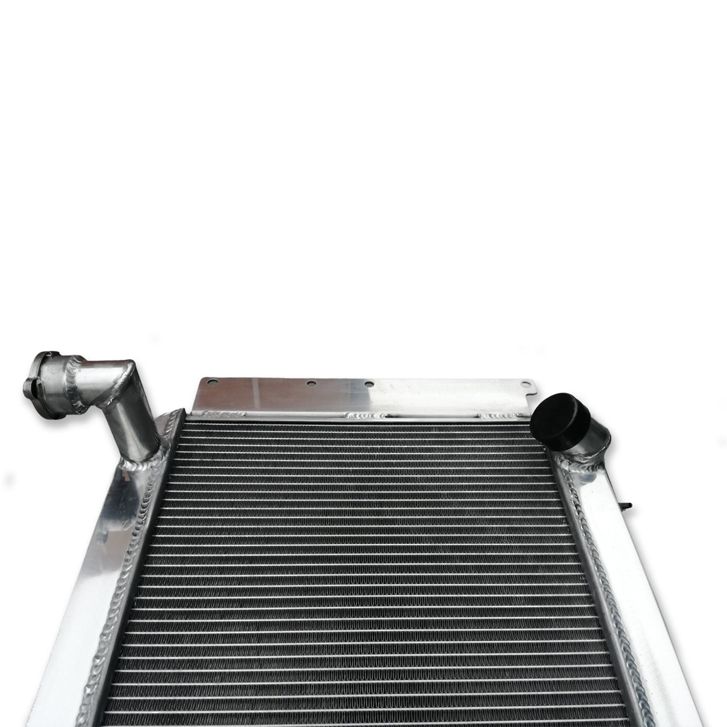Detailed close-up of the furnace-brazed 5-row core and TIG welds on the 700HP radiator for a C1 Corvette.