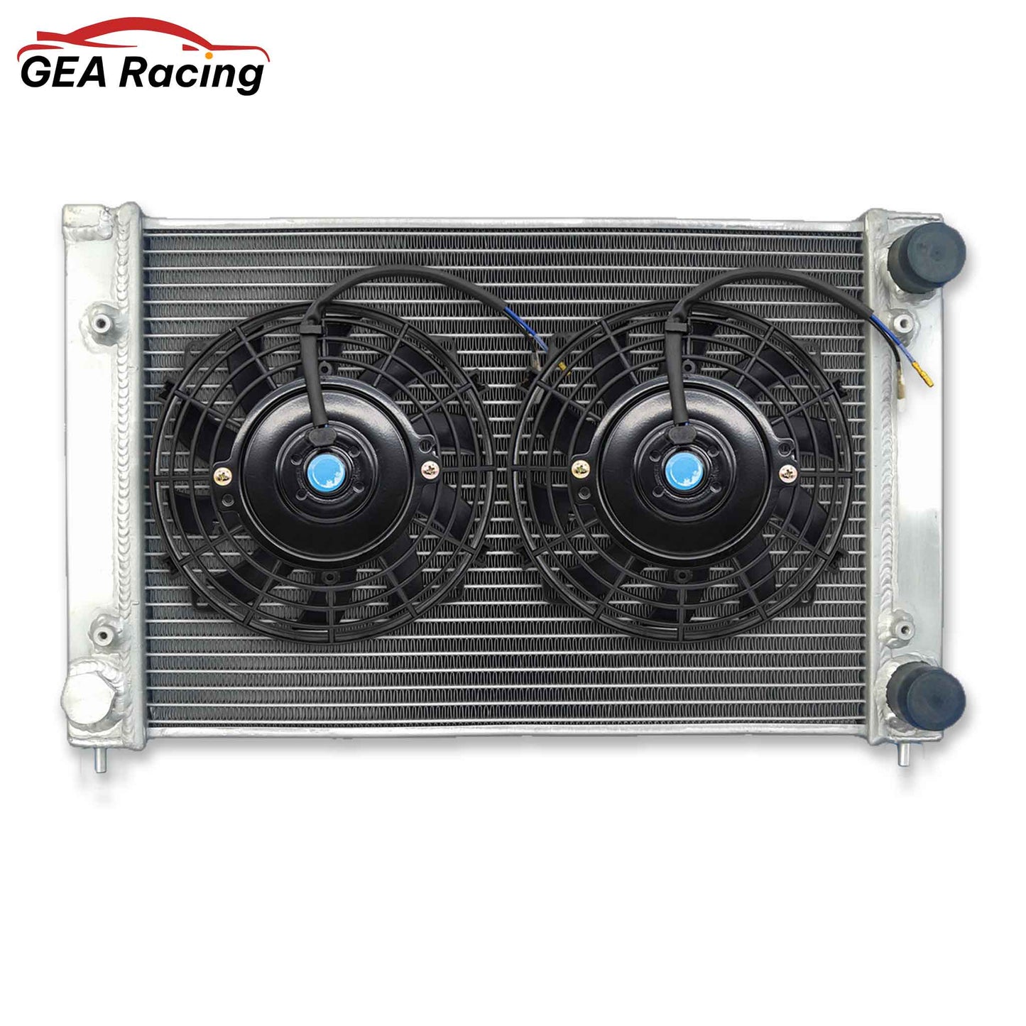 The complete aluminum radiator kit for VW MK2 16V cars, including a custom-fit fan shroud and high-performance slim electric fans.