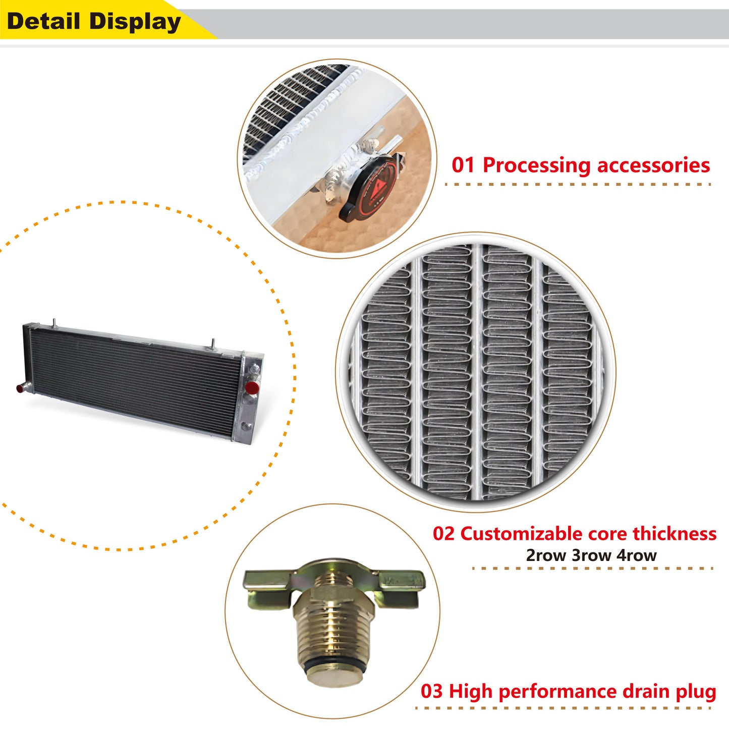 Aluminum Radiator detail view Comanche, Cherokee, Wagoneer, Chief L6 (1987-1990) 3 Row Pressure Tested