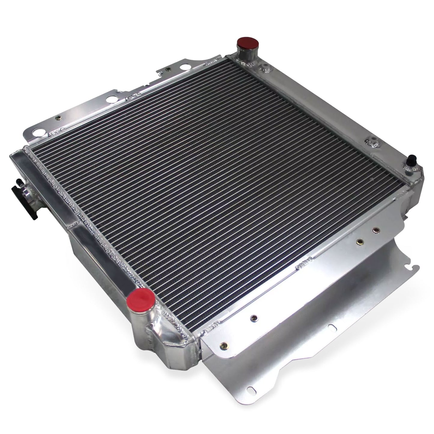 Aluminum Radiator top right view Wrangler with Chevy Mopar V8 Conversion (1987-2006) 3 Row OEM Mounts