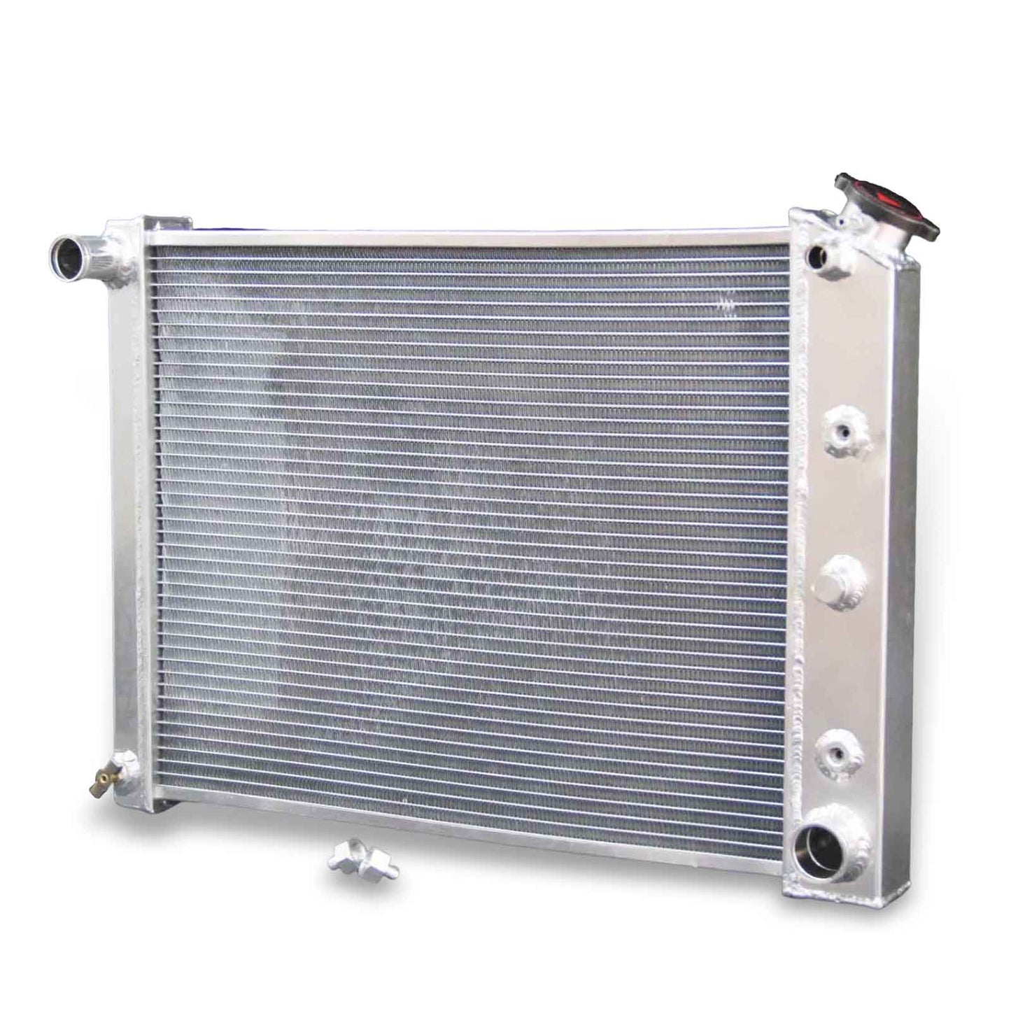 Right side view highlighting the mounting brackets and core of the 3 row aluminum radiator for 1968-1979 GMC Sprint and Chevy El Camino.