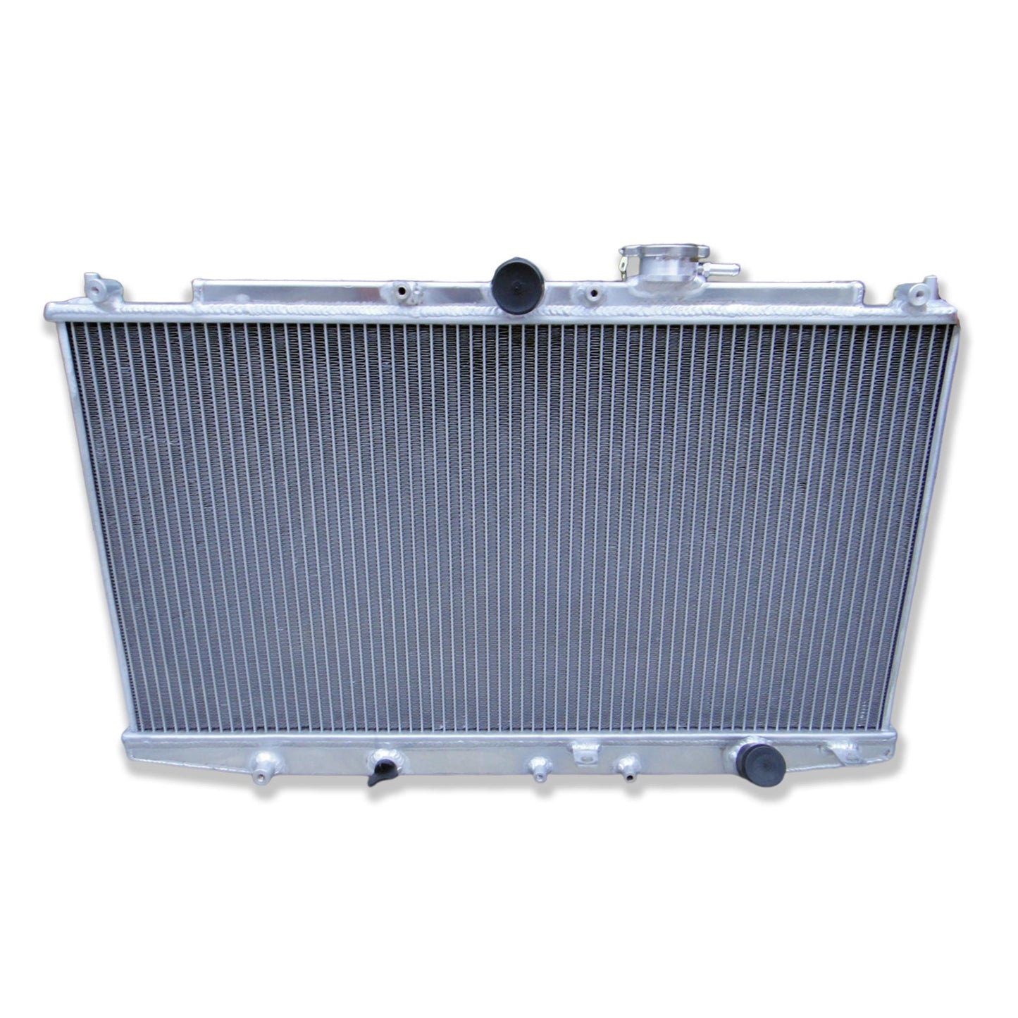 Close-up detail of the precision TIG welds on the aluminum radiator, built for the high-revving Honda F20B VTEC engine.