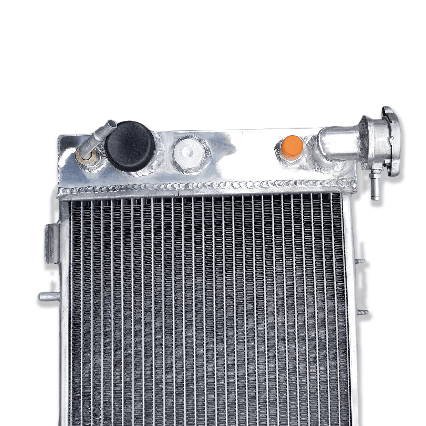 Close-up detail of the precision TIG welds on the 3-row aluminum radiator, built for the durability demanded by Jeep off-roading.