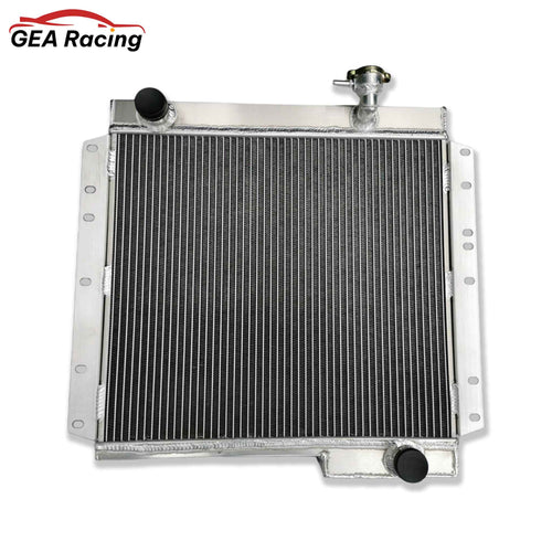 Front view of the 3-row heavy-duty aluminum radiator for 1968-1984 Toyota Land Cruiser FJ40, FJ43, and FJ45 with a 2F 4.2L Inline-6 engine.