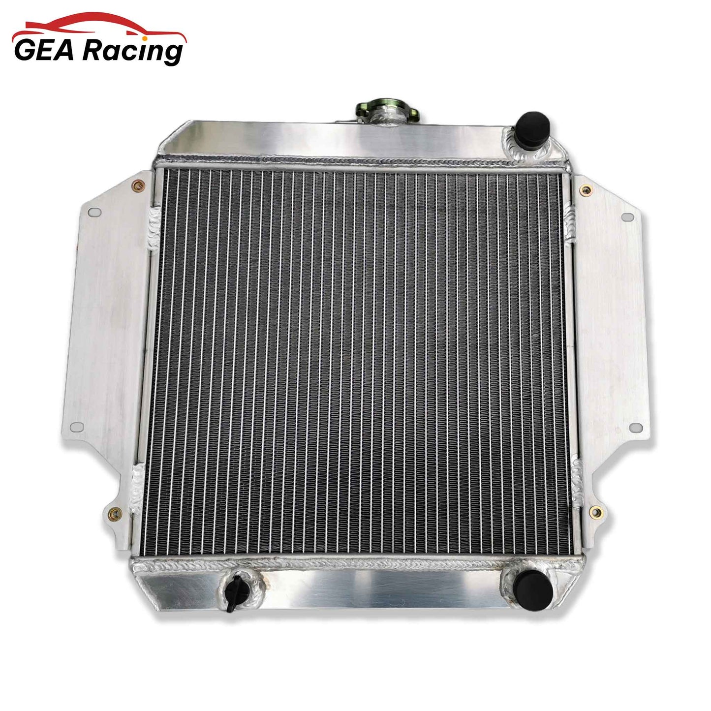 Front view of the aluminum radiator and fan kit for the 1981-1996 Suzuki Samurai, Jimny, and Sierra (SJ410/SJ413) 1.3L MT.