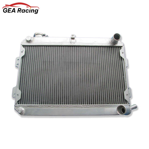 Front view of the performance aluminum radiator for the first-gen Mazda RX-7 (S1-S3, 1979-1985), fitting both 12A and 13B rotary engines (MT).