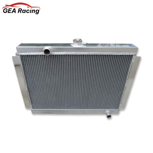 Front view of the full aluminum radiator for the 1975-1983 Nissan Datsun 280Z (S30) and 280ZX (S130) with 2.8L engine, showcasing the high-efficiency cooling core for manual transmission models.