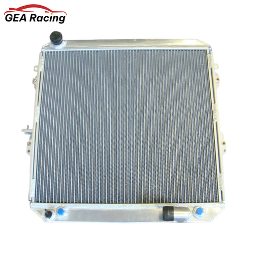 Front view of the aluminum radiator for a 1988-1997 Toyota Hilux Surf LN130 (2.0L/2.4L), featuring a "no cap" design for use with an expansion tank.
