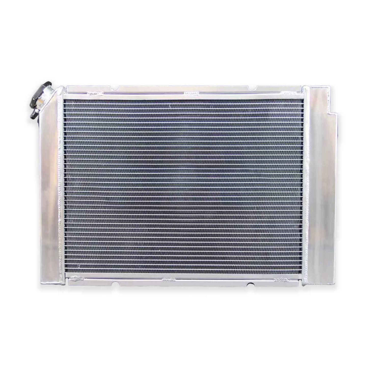 Back view of GEA Racing 52mm 3 Row Aluminum Radiator for Pontiac Fiero 1985-1988, showcasing mounting points for 2.8L V6/2.5L L4 models.