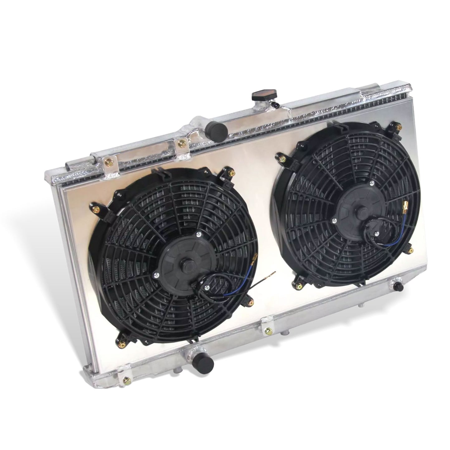 Aluminum fan shroud 2-row 34mm core left side view Geo Prizm Toyota Corolla (1993-1997) Direct Fit