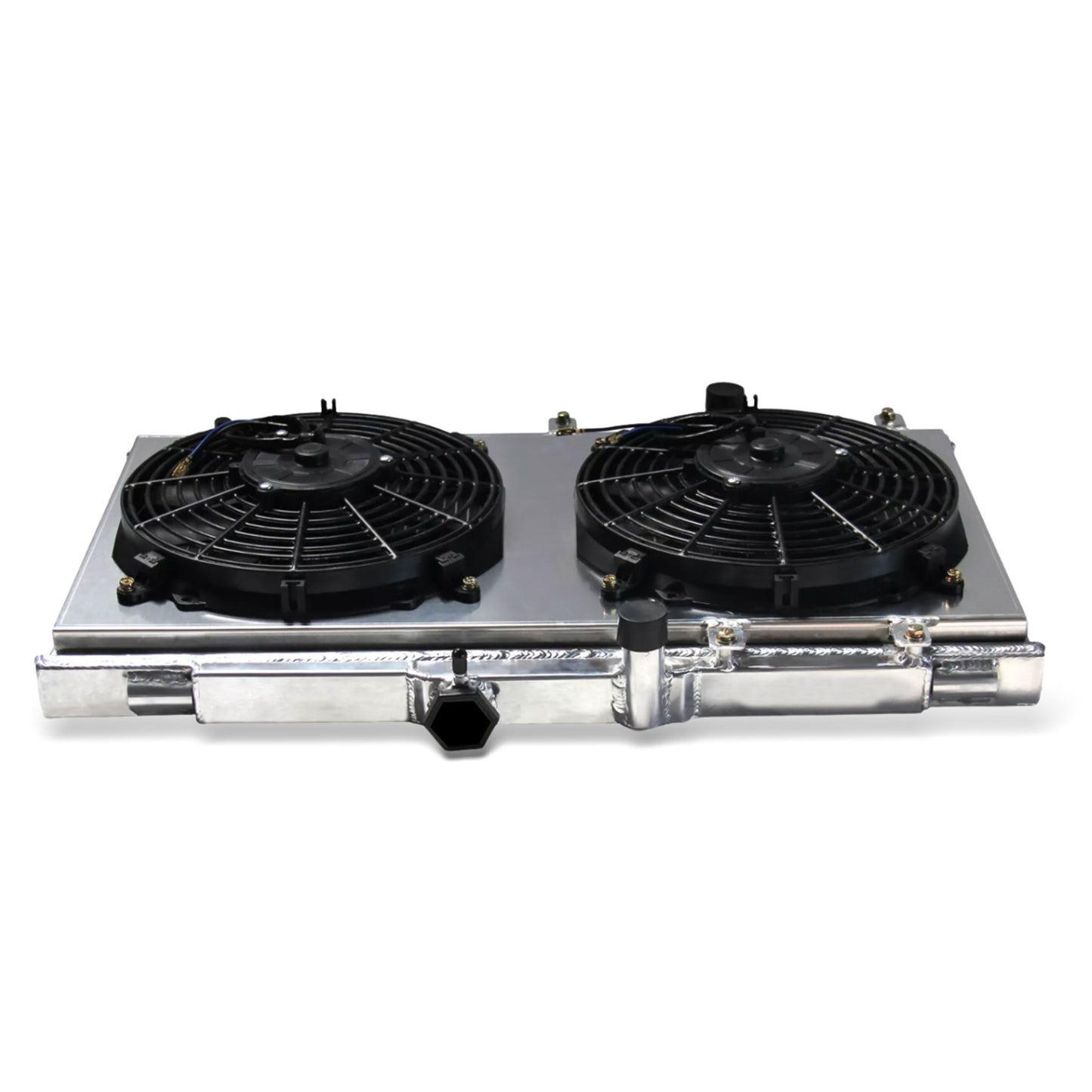 Aluminum fan shroud 2-row 34mm core top rear view Geo Prizm Toyota Corolla (1993-1997) OEM Mounts