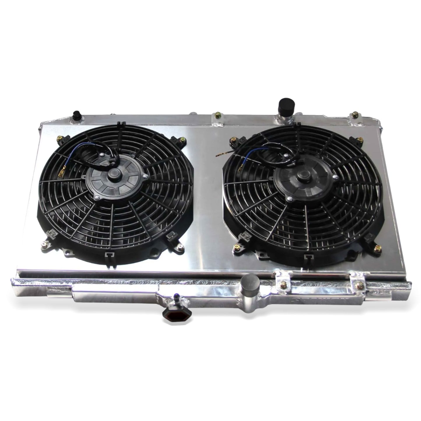 Aluminum fan shroud 2-row 34mm core top view Geo Prizm Toyota Corolla (1993-1997) Direct Fit
