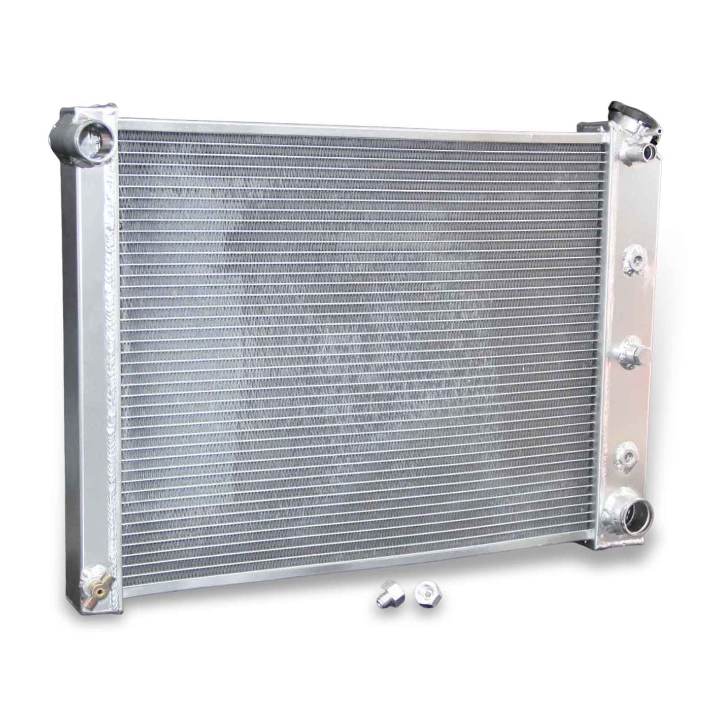 Left side profile of a high-performance 3 row aluminum radiator designed for a 4.1L L6 1968-1979 Chevrolet Camaro and Nova.