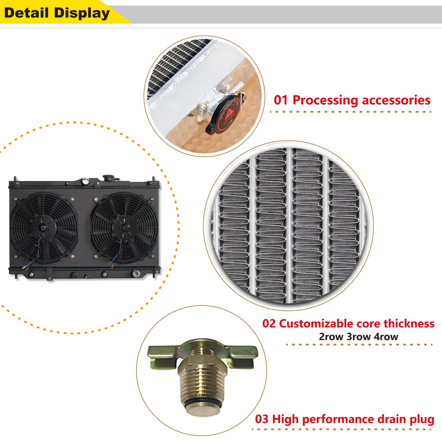 Close-up detail view of 2 Row black aluminum radiator and fan shroud for Honda Prelude/Accord 1990-1996 L4 AT MT