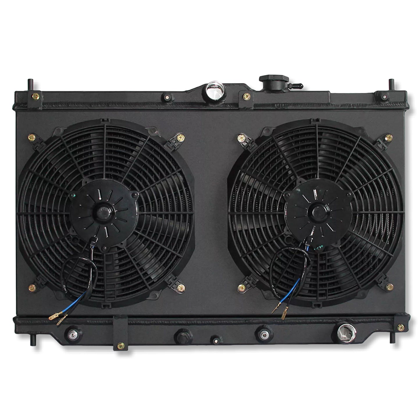 2 Row black aluminum radiator and fan shroud front view for Honda Prelude/Accord 1990-1996 L4 AT MT